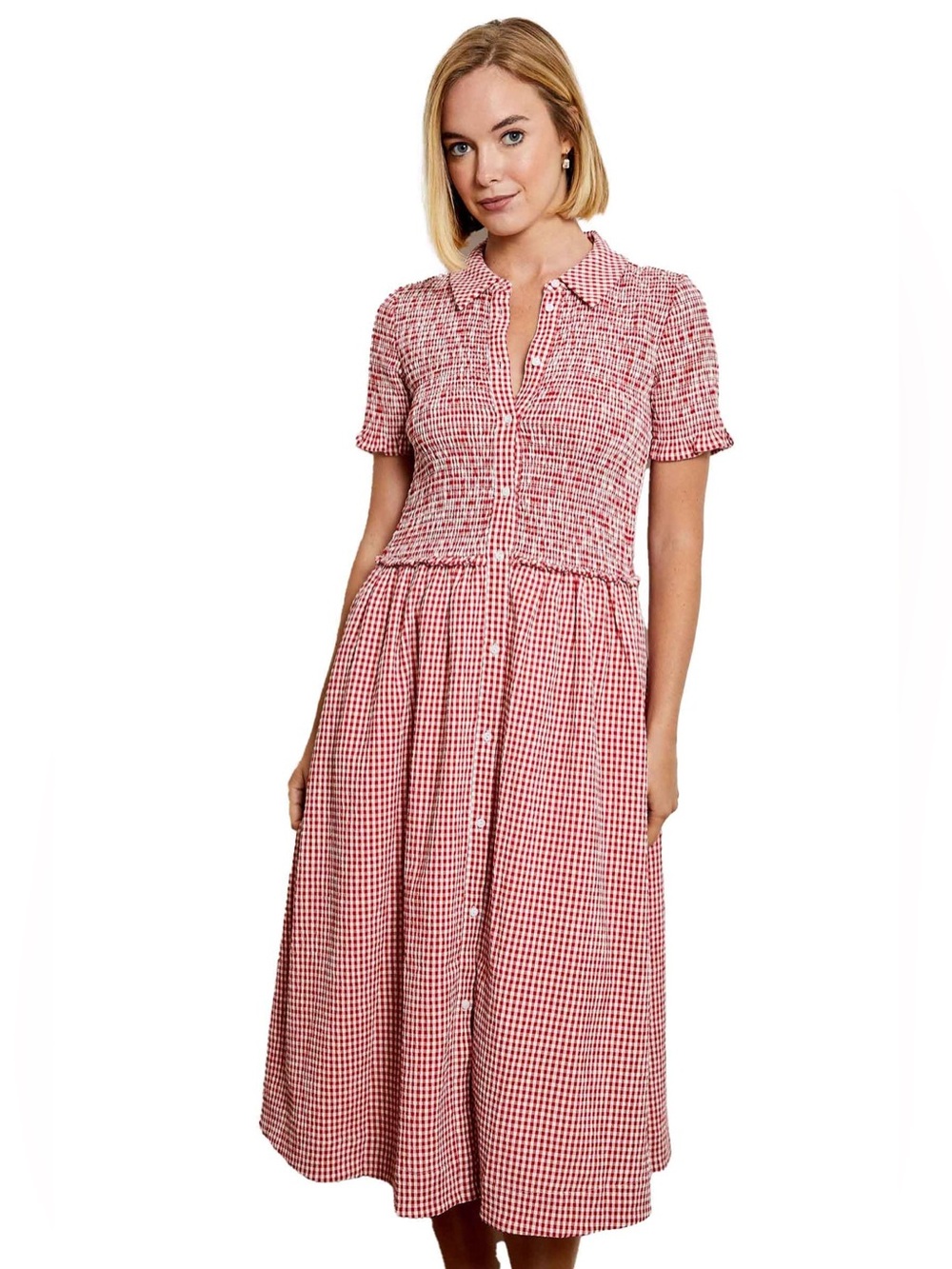 Design History Smocked Gingham Button-Front Midi Dress
